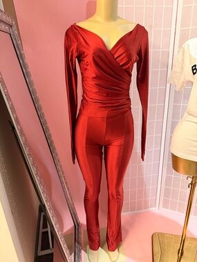 Coucoo Red Set Wrap-Front Long Sleeve Jumpsuit